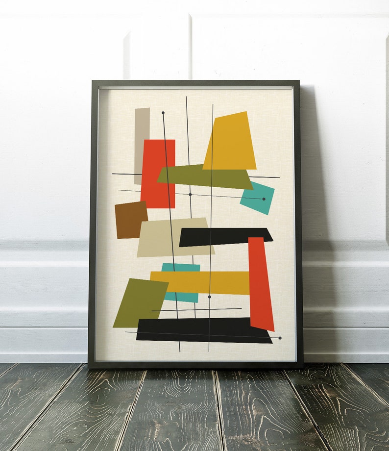 May include: Abstract geometric art print in a mid-century modern style. The print features a variety of shapes and colours, including red, yellow, green, brown, and blue, on a cream background.