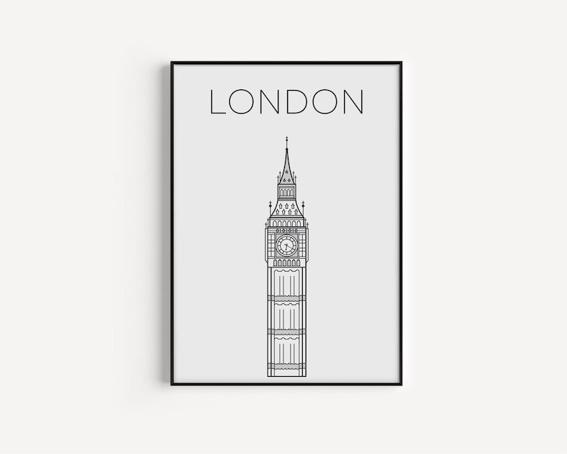 May include: Black and white line art print of Big Ben, a famous landmark in London, England. The print has the word "LONDON" at the top.