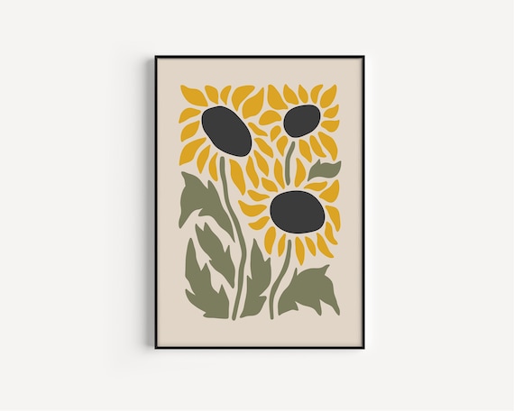 Sunflower Print, Yellow Flower Print, Sunflower Wall Art, Green Yellow Print, Wall Art, Flower Print, Mid Century Print, Instant Download