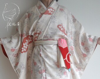 japan clothing authentic pink embroidery floral tsukesage formal visiting maxi kimono gown boho Vintage japanese long silk kimono robe