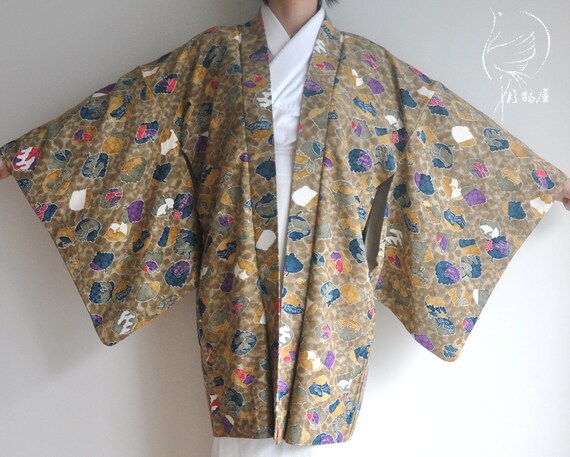 Japanese Silk Kimono Jacket Light Brown Komon Vintag Gem