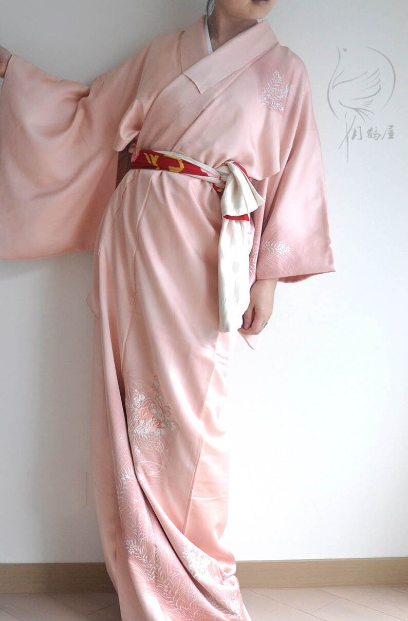 japan clothing authentic pink embroidery floral tsukesage formal visiting maxi kimono gown boho Vintage japanese long silk kimono robe
