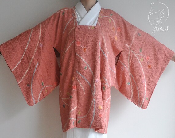 women/'s kimono top vintage deep saturated pink kimono coat boho authentic short kimono robe Japanese michiyuki silk kimono jacket