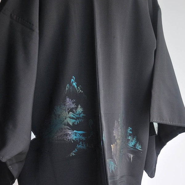 Japanese silk haori coat, vintage black kimono jacket, authentic kimono top cardigan, women's short kimono robe, japan traditional clothing