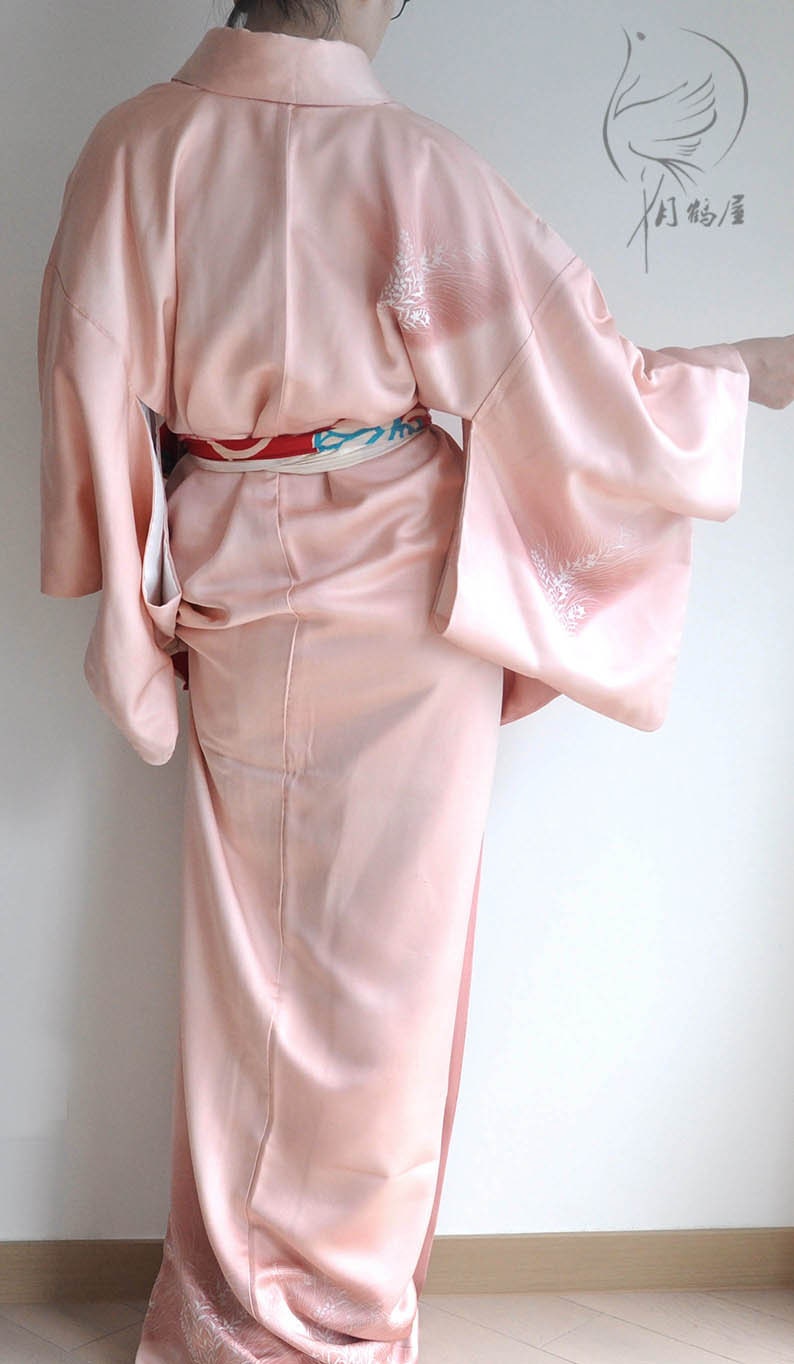 japan clothing authentic pink embroidery floral tsukesage formal visiting maxi kimono gown boho Vintage japanese long silk kimono robe