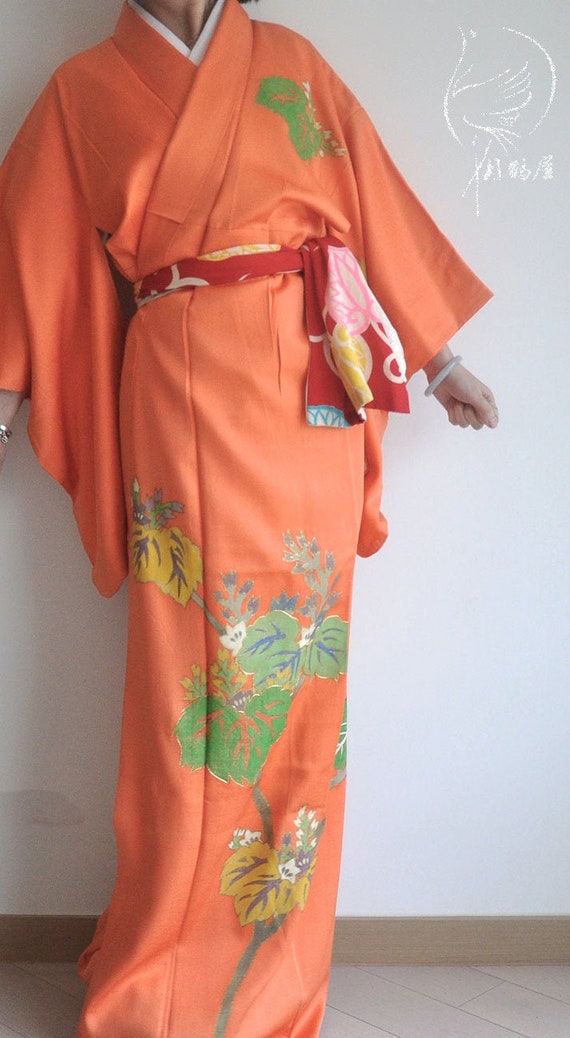 Japanese silk long kimono robe, vintage orange emb