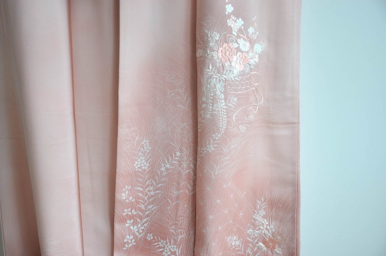 japan clothing authentic pink embroidery floral tsukesage formal visiting maxi kimono gown boho Vintage japanese long silk kimono robe