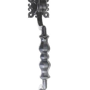 May include: A black metal door handle featuring a central vertical bar with two decorative, bulbous sections. The handle is attached to two square mounting plates at the top and bottom, each adorned with intricate, scrolled corner details.