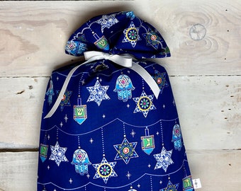 Reusable Fabric Gift Bag -- Happy Hanukkah in Blue
