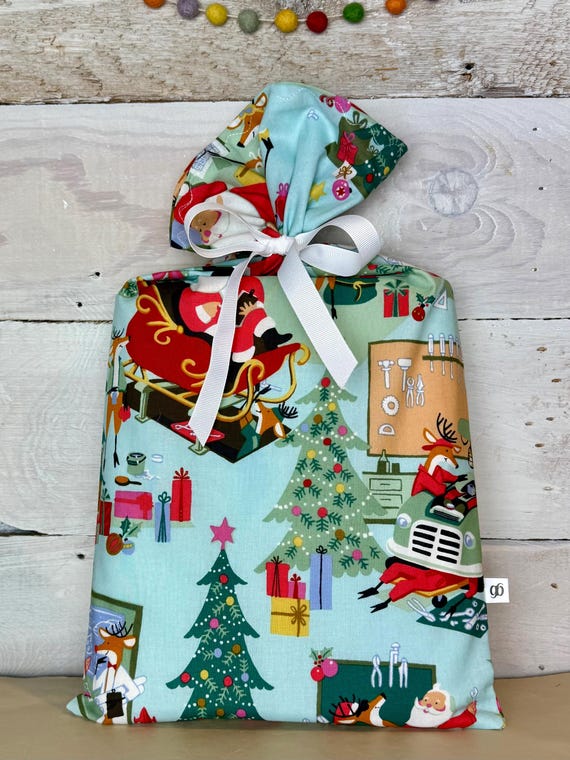 Reusable Fabric Gift Bag -- Santa's Garage
