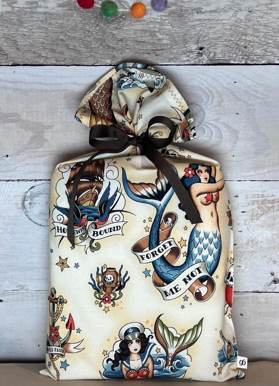 Reusable Fabric Gift Bag -- Tattooed Mermaids