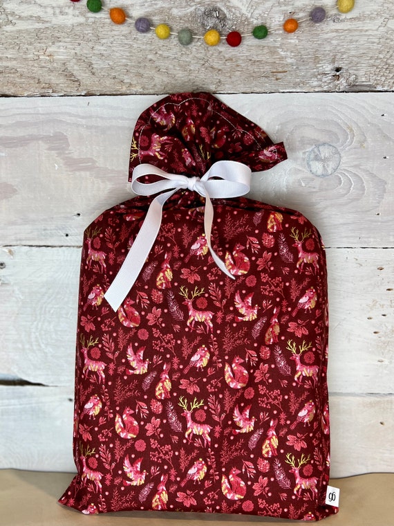 Reusable Fabric Gift Bag --Gilded Arctic in Red