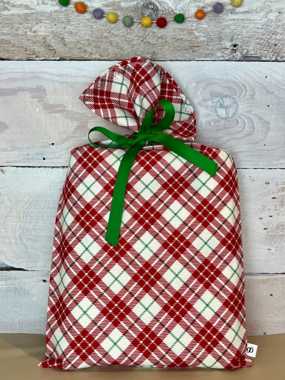 Reusable Fabric Gift Bag -- Red Holiday Plaid
