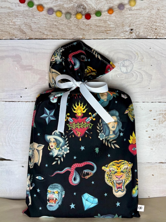 Reusable Fabric Gift Bag -- Tattoo in Black