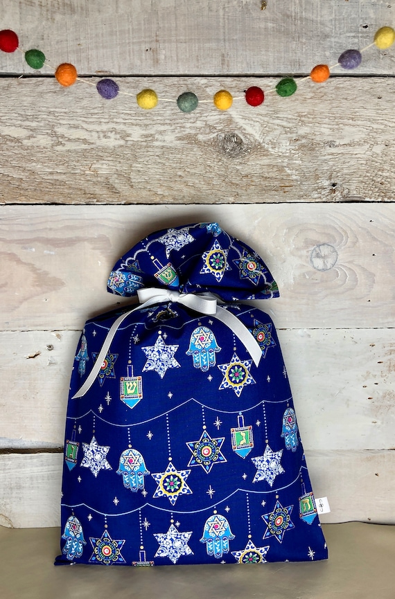 Reusable Fabric Gift Bag -- Happy Hanukkah in Blue