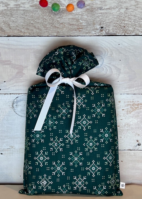 Reusable Fabric Gift Bag -- Green Snowflake Cross-stitch