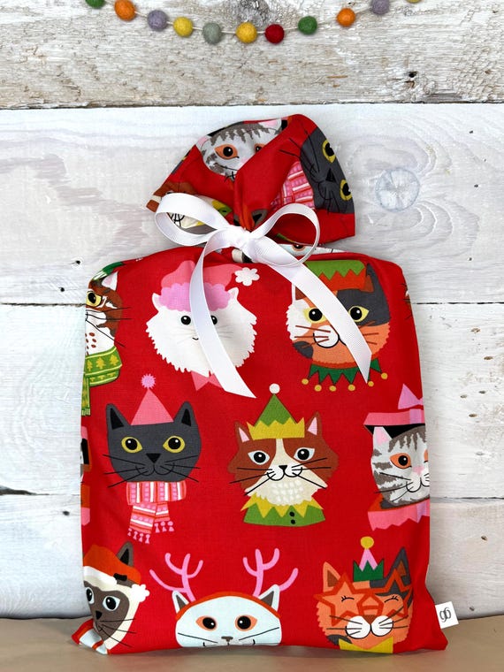 Reusable Fabric Gift Bag -- Feline Holiday