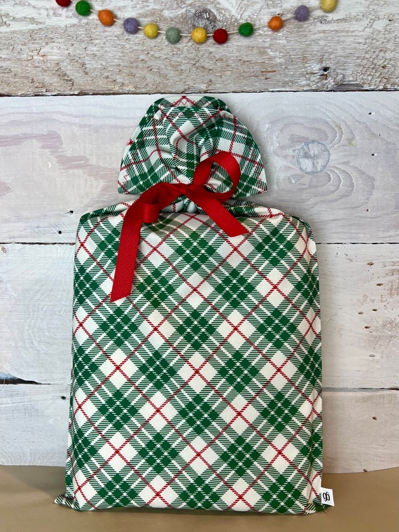 Reusable Fabric Gift Bag -- Green Holiday Plaid