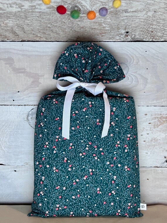Reusable Fabric Gift Bag -- Holly Berries