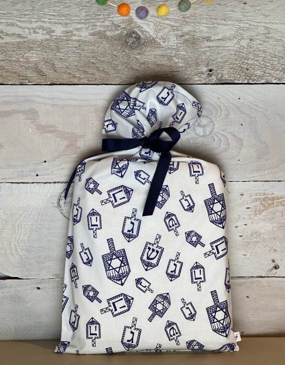 Reusable Fabric Gift Bag -- Dreidel in White