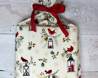 Reusable Fabric Gift Bag -- Cardinals in Cream