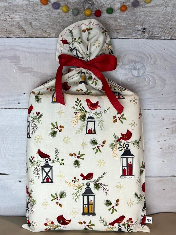 Reusable Fabric Gift Bag -- Cardinals in Cream
