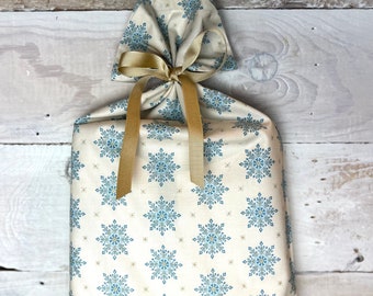 Reusable Fabric Gift Bag -- Cream Snowflake
