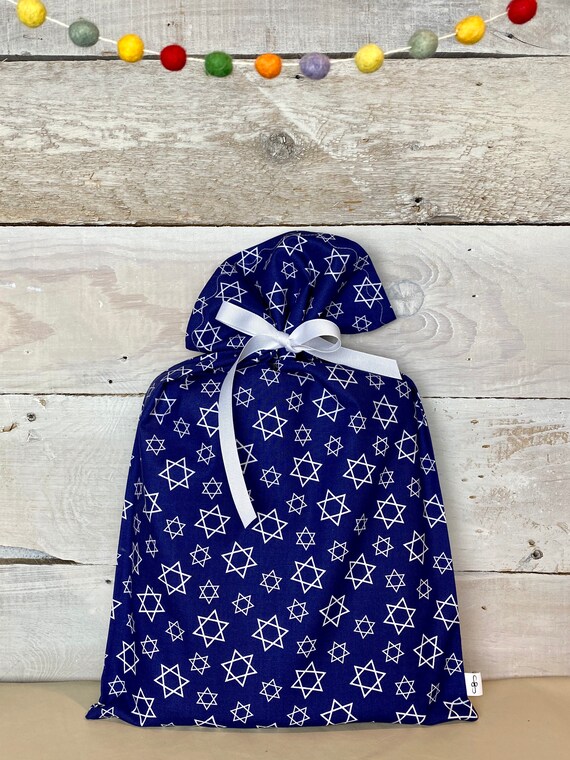 Reusable Fabric Gift Bag -- Navy Star of David