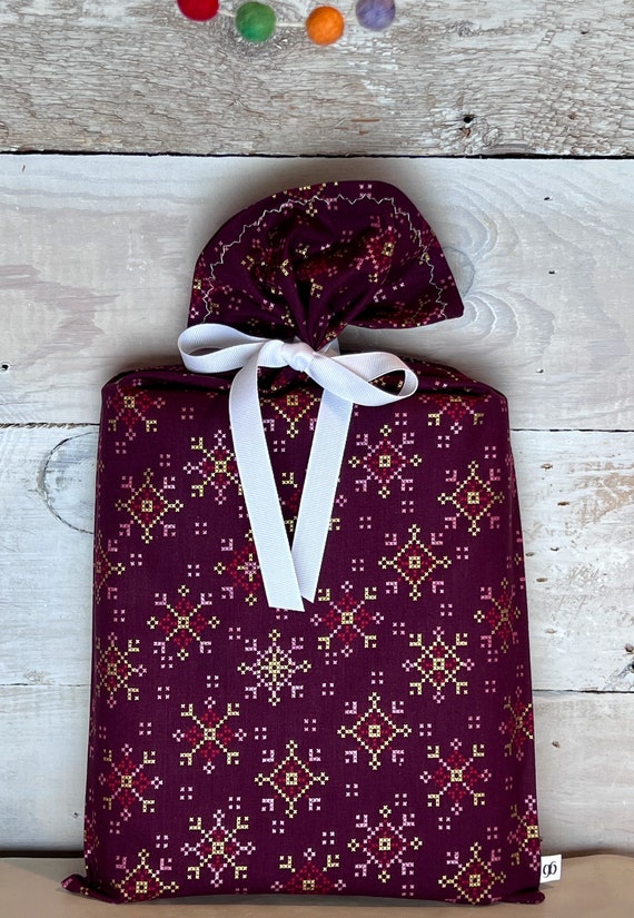 Reusable Fabric Gift Bag -- Burgundy Snowflake Cross-stitch