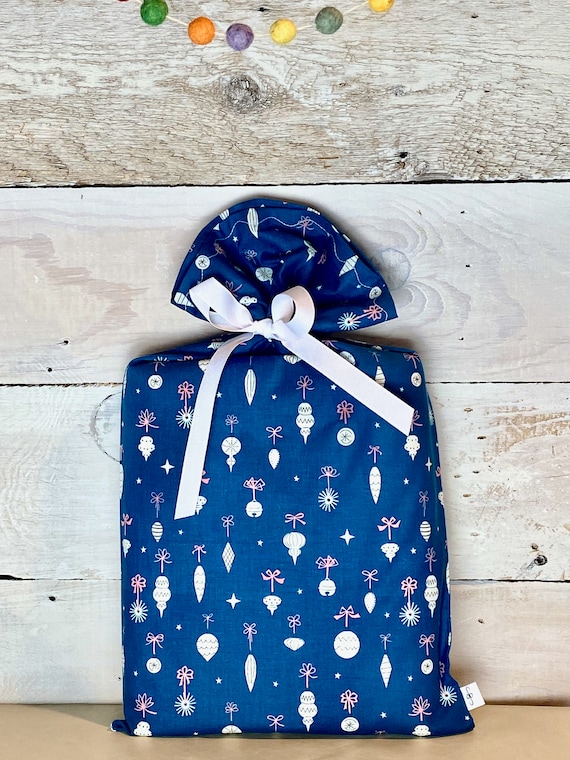 Reusable Fabric Gift Bag -- ORGANIC Blue Christmas