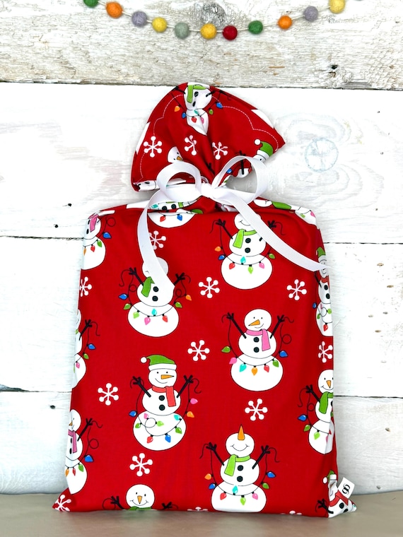 Reusable Fabric Gift Bag -- Jolly Snowmen