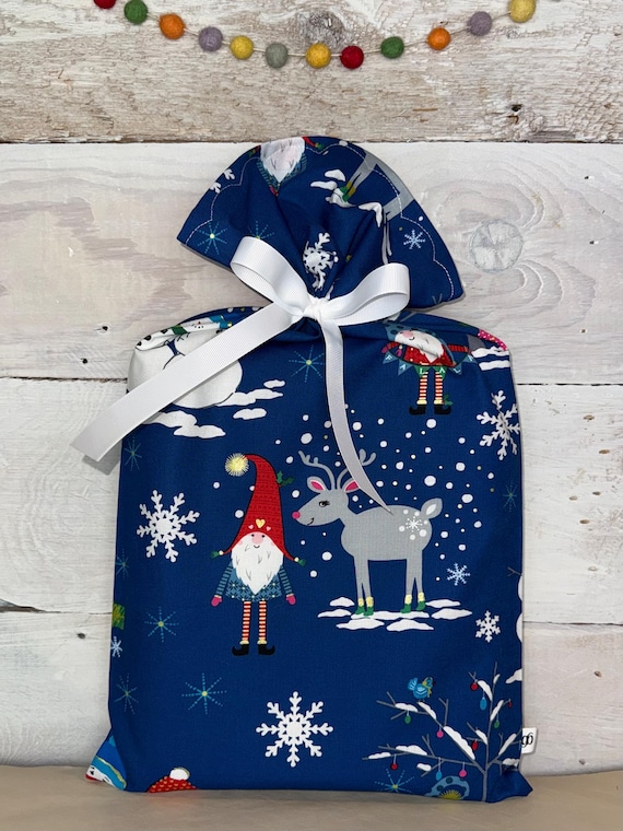 Reusable Fabric Gift Bag -- Winter Gnome