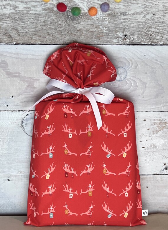 Reusable Fabric Gift Bag -- Deck the Antlers