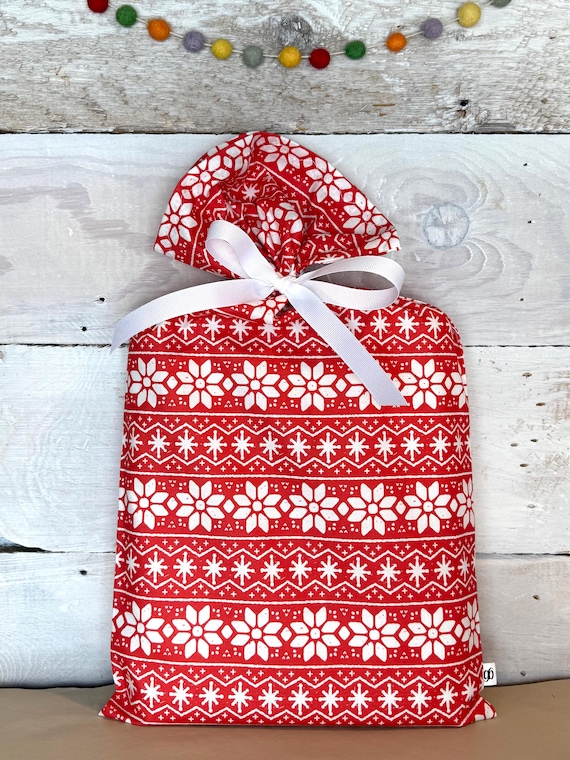 Reusable Fabric Gift Bag -- Fair Isle in Red