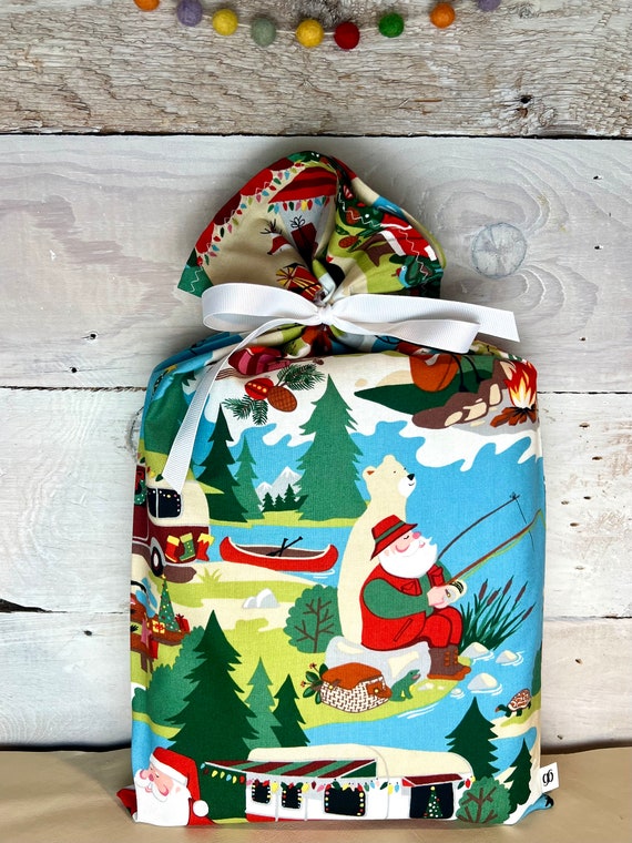 Reusable Fabric Gift Bag -- Outdoorsy Santa