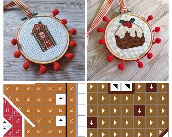 PDF cross stitch patterns Christmas pudding and gingerbread house