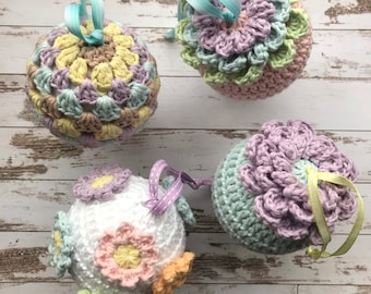 PDF crochet pattern Easter, spring, Mother’s Day, flower baubles US/UK