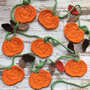 May include: A garland of crocheted orange pumpkins with green leaves and brown leaves. The garland is strung together with a green twine.