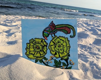 Mosaic Bird on Yellow Flowers