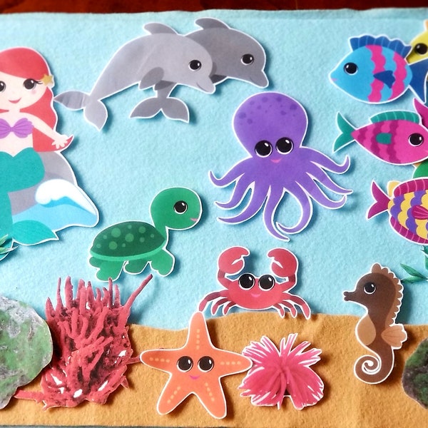 Mermaid felt set story//Easter basket stuffer//Mermaid, What Do You See//ocean story//girl gift 3-7 year old//sea animals felt board stories