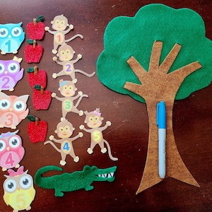 5 manzanas rojas y búhos fieltro combo de historias de tablero//conjunto de historias de tablero de fieltro//manzanas temáticas de granja//contando//juguete educativo//regalo de maestros