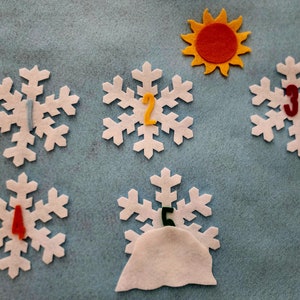 Könnte beinhalten: Fünf weiße Filzschneeflocken mit den Zahlen 1, 2, 3, 4 und 5 auf einem blauen Filzgrund. Eine gelbe Filzsonne mit roter Mitte befindet sich oben im Bild.
