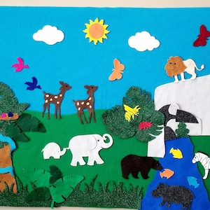 Fondo de fieltro con animales de la jungla // Fondo para colgar en la pared // Tablero de franela con animales de la jungla de fieltro