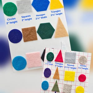 Könnte beinhalten: Zwei Blätter mit bunten Filzformen, darunter Kreise, Quadrate, Sechsecke und Dreiecke. Die Formen sind in verschiedenen Farben wie Grün, Blau, Gelb und Rosa gehalten. Die Größen sind in Zoll angegeben, wobei das größte Sechseck 6,35 cm breit ist.