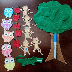 5 little monkeys swinging owls felt stories 2 sided tree//5 red Apples flannel stories//felt board stories//counting stories//educational