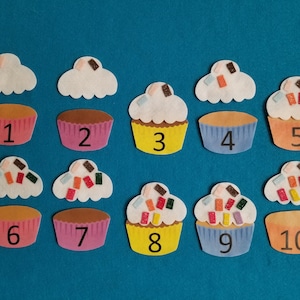 10 cupcakes at the bakery shop//Tactile felt cupcakes//basket stuffer//play money felt stories//librarian//Flannel board Cupcake number game