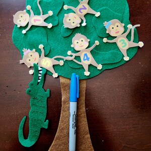 May include: A felt green tree with five brown monkeys with numbers 1 through 5 on their bellies. A green alligator is at the base of the tree. A blue marker is next to the tree.