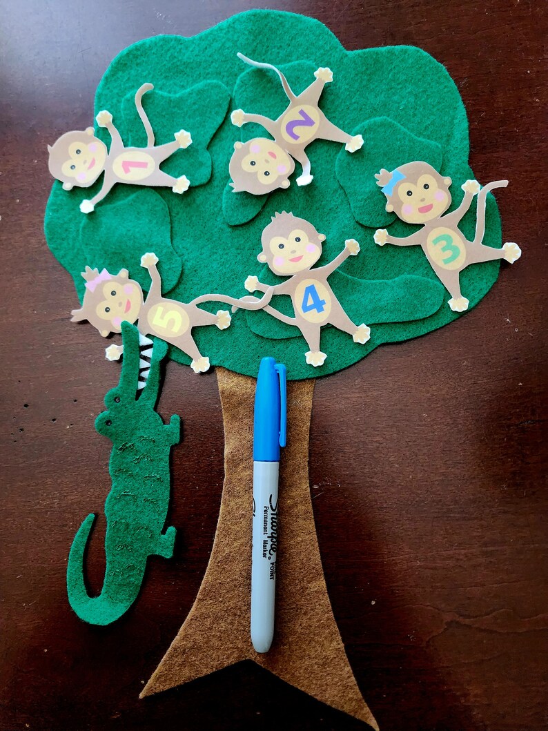 May include: A felt green tree with five brown monkeys with numbers 1 through 5 on their bellies. A green alligator is at the base of the tree. A blue marker is next to the tree.