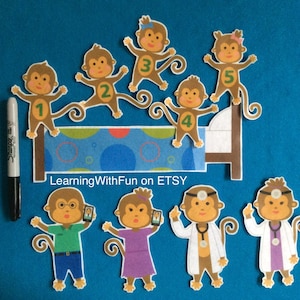 K&ouml;nnte beinhalten: F&uuml;nf braune Affen mit den Zahlen 1 bis 5 auf der Brust springen von einem Bett. Das Bett ist braun mit einer blau-wei&szlig; gemusterten Matratze. Unter dem Bett steht der Text "LearningWithFun on ETSY". Es gibt auch drei Affen mit verschiedenen Outfits: einen mit einem gr&uuml;nen Hemd, einen mit einem lila Hemd und einen mit einem wei&szlig;en Arztkittel.
