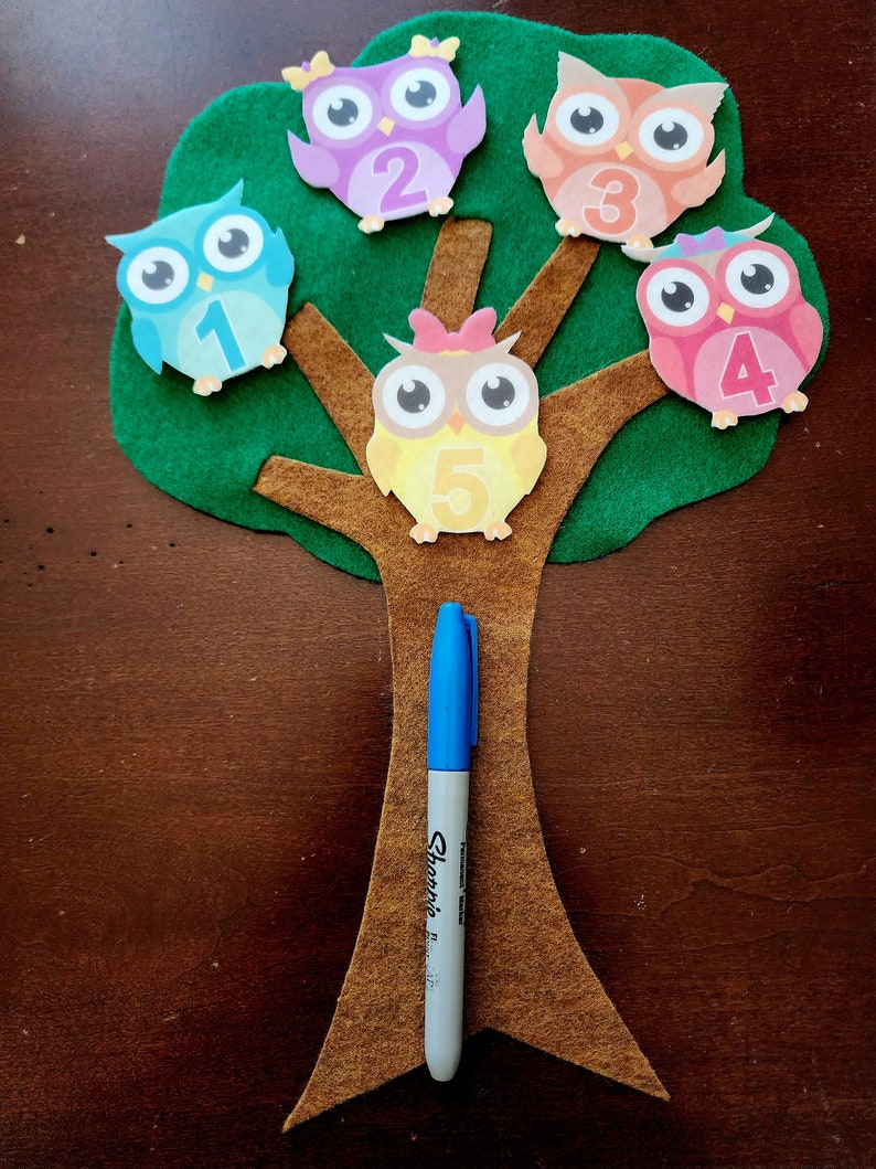 May include: A felt tree with five owls on it. Each owl has a number on it, from 1 to 5. The owls are different colors, including pink, blue, purple, orange, and yellow.
